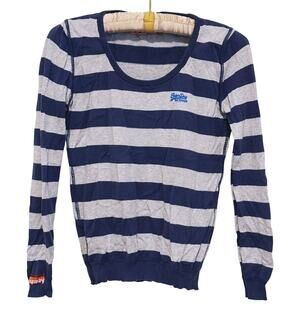 Y2K Superdry Womens Surfer Long Sleeve Top Small Blue Wide Stripe Preppy Casual